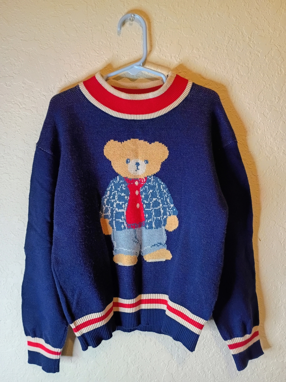 Kid's Boys Navy Bear Knit Sweater with Red Trim